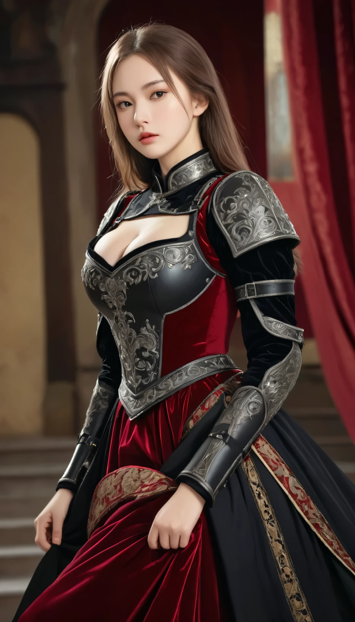RAW Photos, sexy angel knight women, 19 years old, (:1.2), Wore period drama costumes, Russia, wearing black traditional euro style armor, Long skirt of deep red velvet fabric, 19th century AD, perspective, full body Details, sexy long legs, sharp concentration, Slight mixing,  Details, (Very detail facial depiction, very detail hair depiction:1.3), Feels Like The young Ages , (high skin Details: 1,2),  8K HD Streaming,  DSLRs, Soft light,  High Quality , Fujifilm XT3 grainy film., Realistic, (beautiful and ample breasts, deep cleavage, :1.5) and a huge waist, palace hall, dynamic sexy poses, a beautiful long sword in right hand 