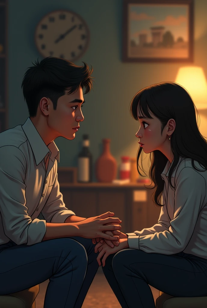 A boy wearing a white full-sleeved T-shirt is sitting on a wide staircase and talking to his girlfriend