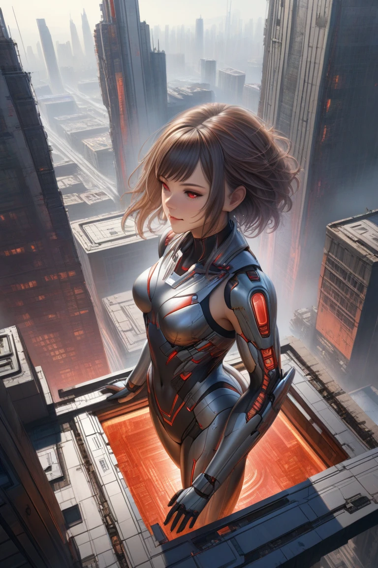 (masterpiece), 1 mecha girl, intricate mechanical design, cybernetic details, perfect anatomy, realistic oil painting, epic scene, (highly detailed), masterpiece, photorealistic, cinematic lighting, shading, super detailed metallic parts, (red glowing eyes), beautiful detailed eyes, best quality, ultra-detailed, (illustration), ultra-detailed, from above, dystopian cityscape, modern ruins, indie aesthetic, (futuristic skyline), (broken skyscrapers background), confident smirk, dynamic pose, slow motion, vibrant colour, shadow, contrast, metallic reflections, perspective, depth, good anatomy, stunning details, (realistic_ultra_details)