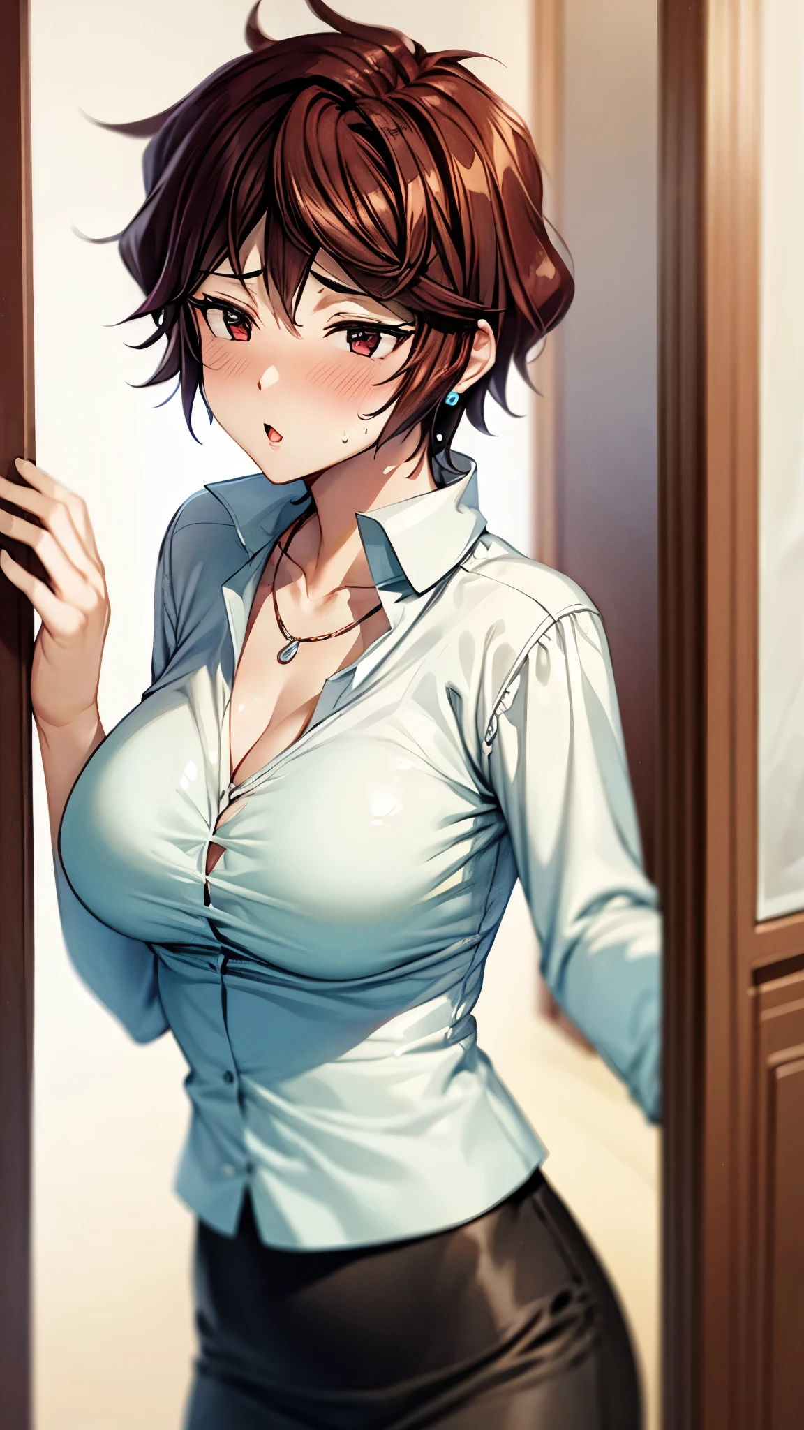 （ super quality, ultra high resolution,16k,super masterpiece,Ultra HD ,Detailed shading and background,）one sexy wife, looking at the camera,Short black hair,（A white shirt with a large collar spread wide and standing straight, wide open chest, black pencil skirt ,） earrings for a woman alone, Necklaces , Sweaty ,blush,Open thick lips slightly,Opening the Door,