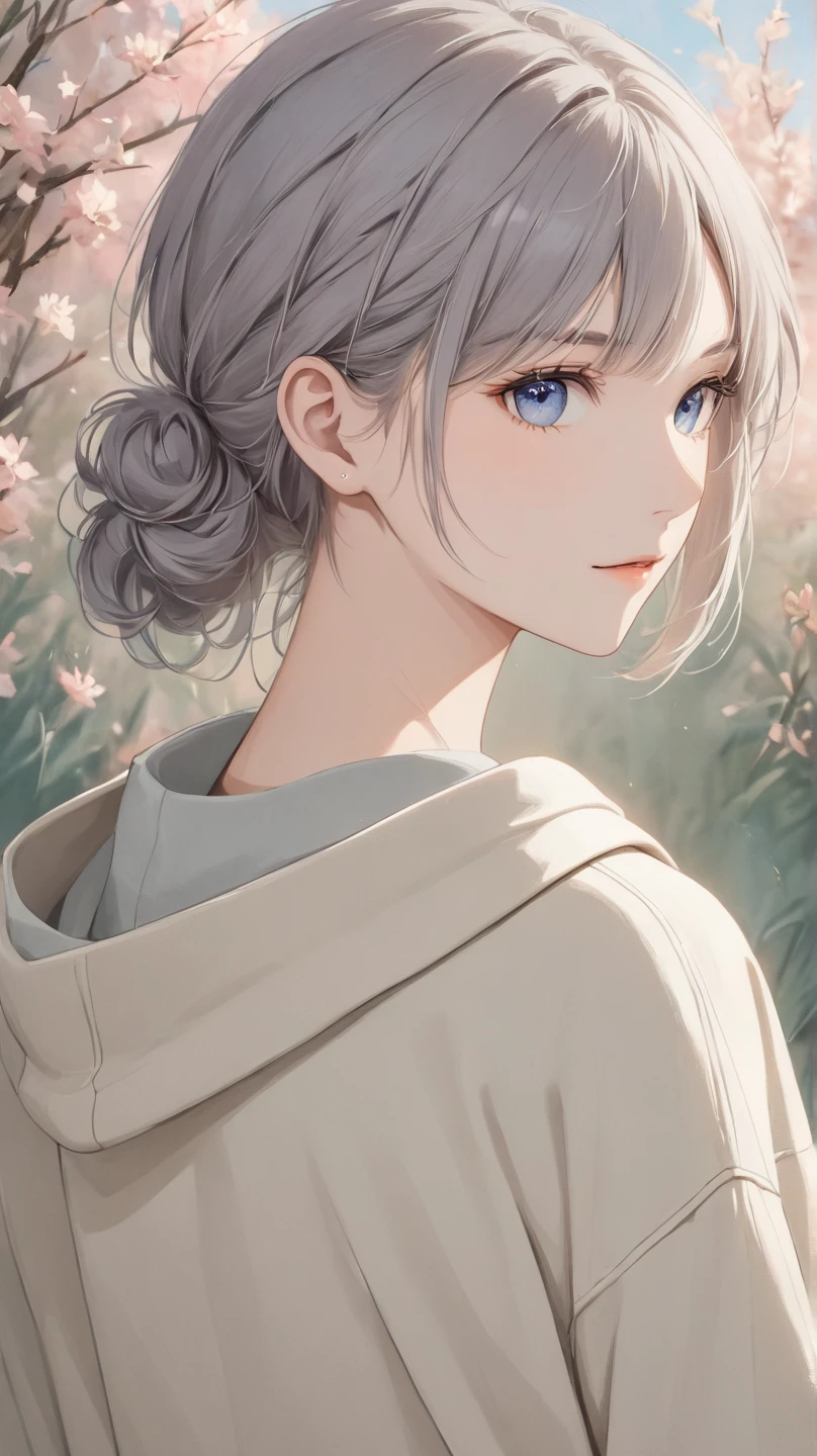 A serene and introspective young woman with short, slightly bluish-light gray hair, styled in an androgynous, boyish cut. Her hairstyle is naturally tousled with soft, feathered layers that frame her face and slightly taper at the nape, giving a casual yet refined look. Her bangs are light and wispy, subtly brushing her brows. Her calm and composed demeanor is highlighted by her soft, mysterious gaze and a faint, gentle smile. She wears a minimalist outfit with streetwear-inspired elements, such as a fitted jacket over a plain oversized tee, in muted neutral tones. The overall atmosphere is tranquil and ethereal, with soft, diffused lighting that enhances her delicate and otherworldly charm, as if she effortlessly blends into a serene, dreamlike backdrop."