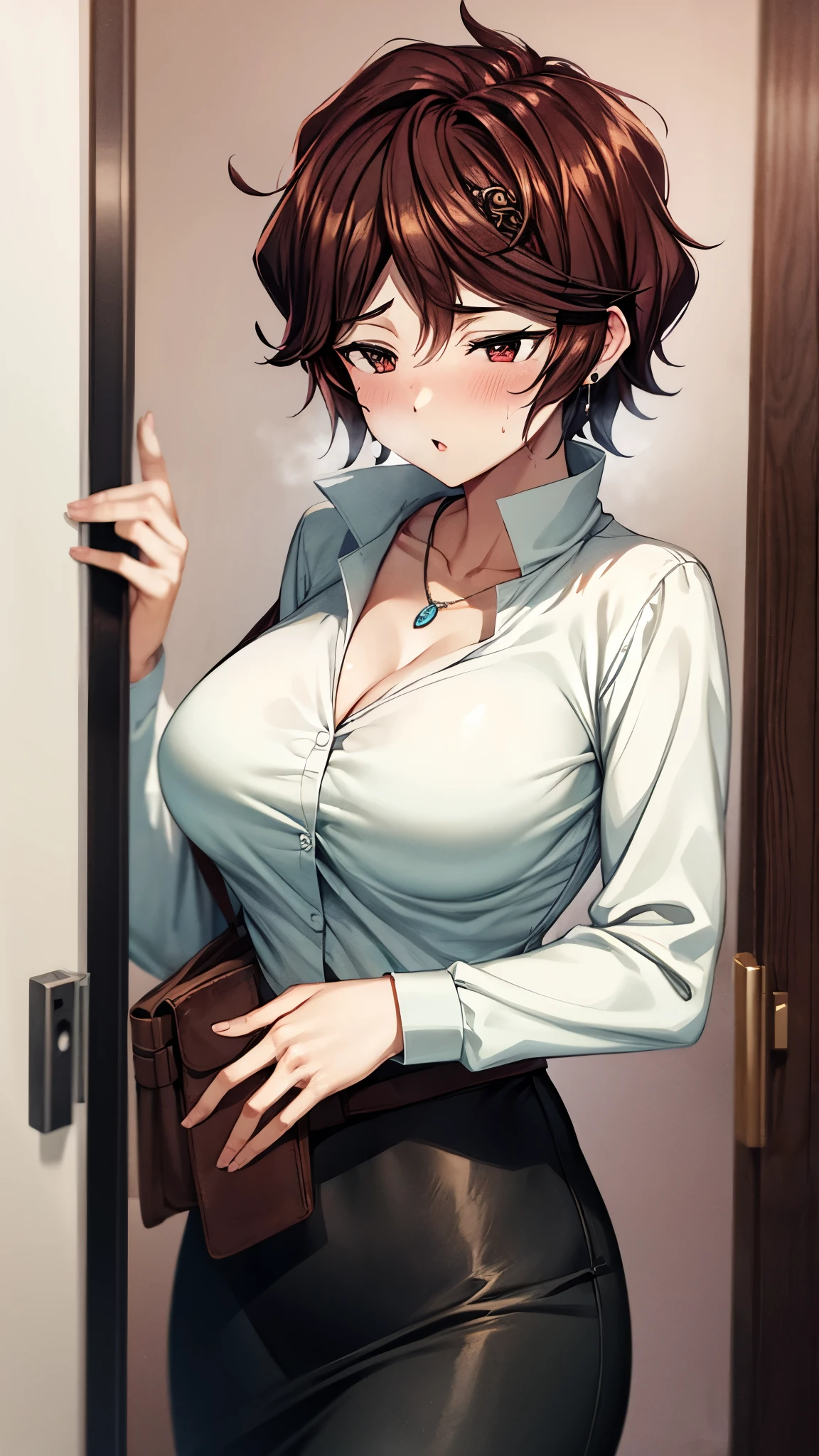 （ super quality, ultra high resolution,16k,super masterpiece,Ultra HD ,Detailed shading and background,）one sexy wife, looking at the camera,Short black hair,（A white shirt with a large collar spread wide and standing straight, wide open chest, black pencil skirt ,） earrings for a woman alone, Necklaces , Sweaty ,blush,Open thick lips slightly,Opening the Door,