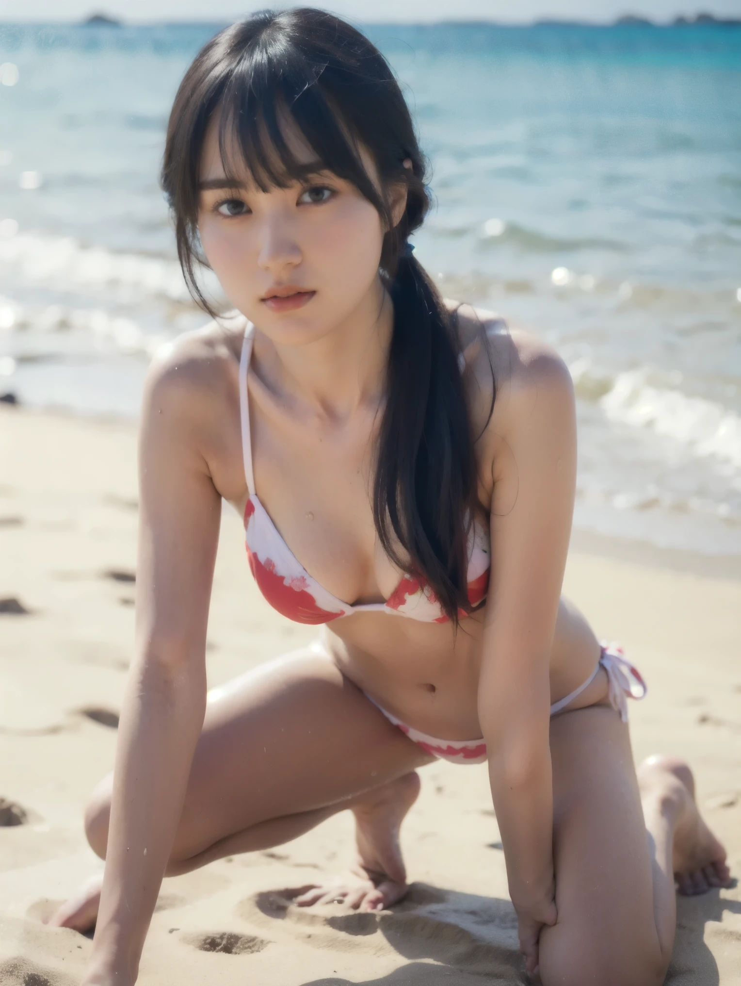  best quality、8,masterpiece、、 ultra high resolution、( photorealistic:1.4)、Original photo、 1 girl、 dark brown hair、 medium hair 、Healthy tanned skin、 wet body、drama、 is showing the whole body、(Kneeling on the Beach 、 open legs:1.2)、Wear a bikini with cute pattern 、、Lime sexy micro bikini 、 Wear the 、Lime sexy micro bikini 、Attractive bodyを持つモデル、Bikini Model、Lime sexy micro bikini 、Swimsuit model、2  female model、Floral swimsuit、若いSwimsuit model、 shiny plastic bikini、 Japanese model、( shiny spandex separate costume thong pan bra、)Pee Bikini,、Attractive body、Wet swimsuit、 sexy young woman 