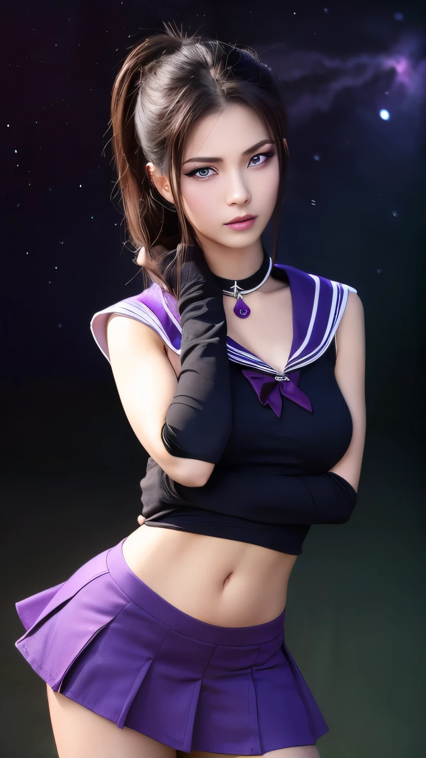 (masterpiece,  best quality:1.4), (Nebula Background), (  full body shot ), ( erotic poses :1.5),  ONE GIRL SPANDING KAWASAKI NINJA 250,  ponytails bleeding from the vagina、 miniskirt、GREEN NINJA 、Alone, ( European Youth :1),  Sailor Saturn,  tiara ,  Sailor Warrior Uniform ,  purple sailor color ,  pleated skirt to watch the sunrise,  elbow gloves,  jewelry, brooch,  choker,  black short hair, ( purple eyes:1.5),  Facial beauty,  high definition facial,  very detailed eyes,   Highly Detailed Skin for Girls , Skin pores,  subsurface scattering , Realistic pupils, Full face blush , full lips,  detailed background,  depth of field, Volumetric Lighting,  sharp concentration,  absurd, Realistic proportions,  good anatomy , (Realistic, hyperRealistic:1.4), 16K HDR,