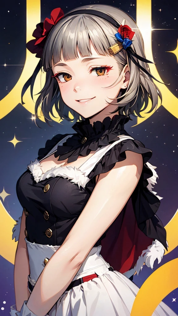 (((solo))), 1 woman, Sakuya Kurobane, sakuyaunif, kurobane_sakuya, short hair, grey hair, black hairband, blue hair flower, brown eyes, red eyeliner, chest, blush, smile, (upper body), santa claus