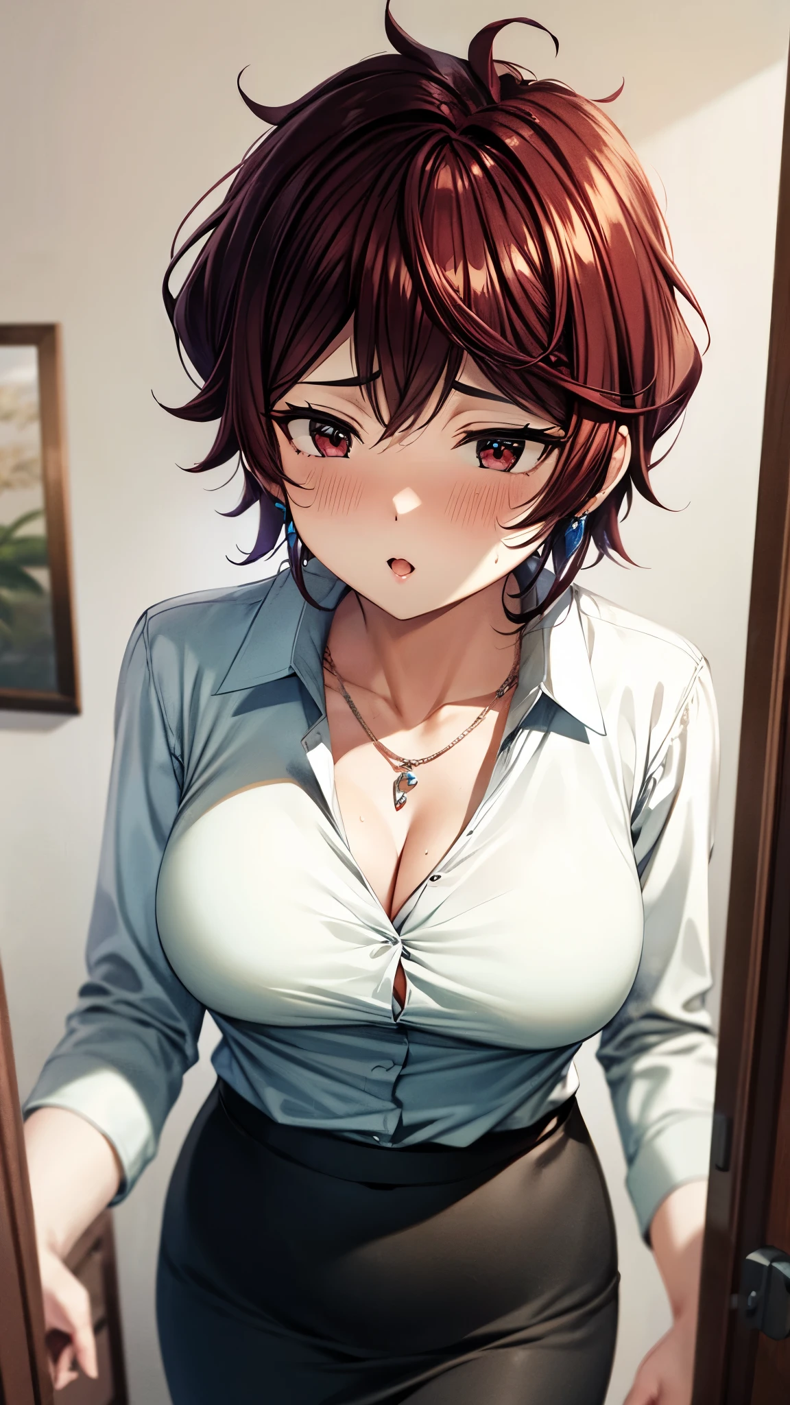 （ super quality, ultra high resolution,16k,super masterpiece,Ultra HD ,Detailed shading and background,）one sexy wife, looking at the camera,Short black hair,（A white shirt with a large collar spread wide and standing straight, wide open chest, getting slapped hard by men {x} black pencil skirt,） earrings for a woman alone, Necklaces , Sweaty ,blush,Open thick lips slightly,Opening the Door,