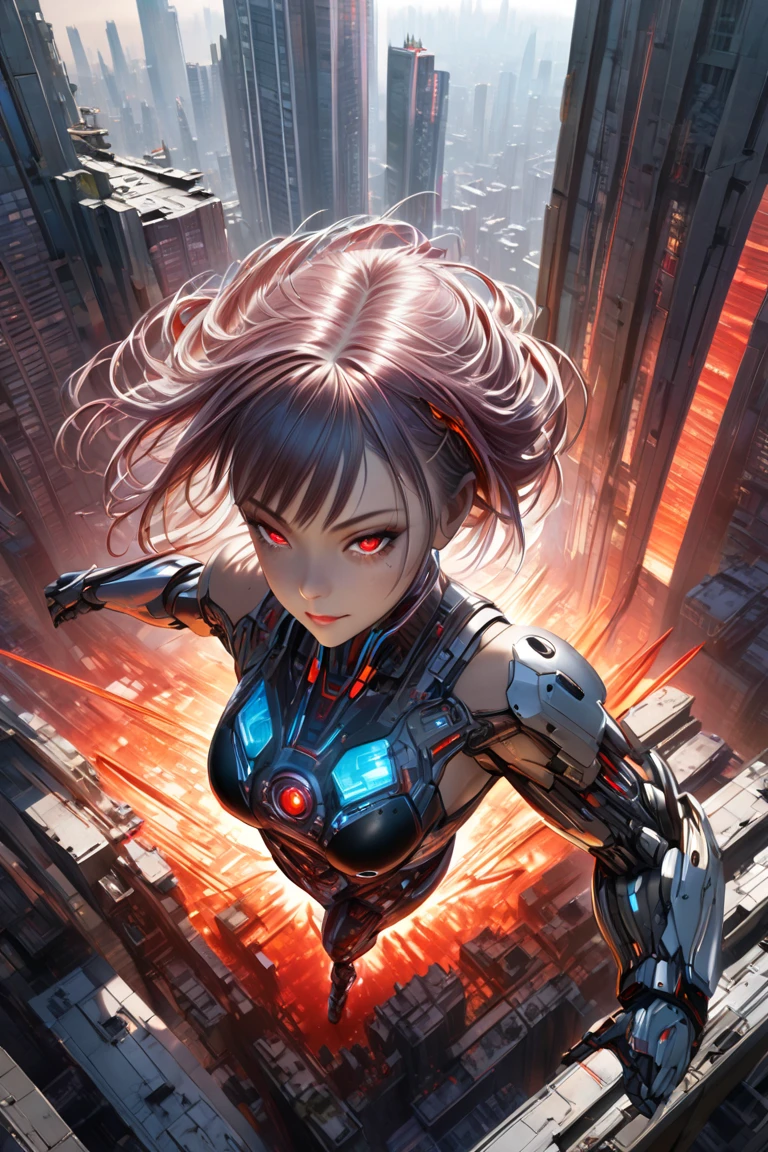 (masterpiece), 1 mecha girl, intricate mechanical design, cybernetic details, perfect anatomy, realistic oil painting, epic scene, (highly detailed), masterpiece, photorealistic, cinematic lighting, shading, super detailed metallic parts, (red glowing eyes), beautiful detailed eyes, best quality, ultra-detailed, (illustration), ultra-detailed, from above, dystopian cityscape, modern ruins, indie aesthetic, (futuristic skyline), (broken skyscrapers background), confident smirk, dynamic pose, slow motion, vibrant colour, shadow, contrast, metallic reflections, perspective, depth, good anatomy, stunning details, (realistic_ultra_details)