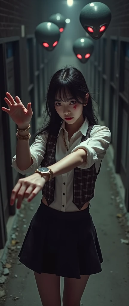 Beautiful woman sitting in front of a screen，Wear a deep V-neck dress，Skin is exposed，Expose sexy，Place your hand on the keyboard，Countless spikes grew on the keyboard that pierced his hand，Blood flows out
