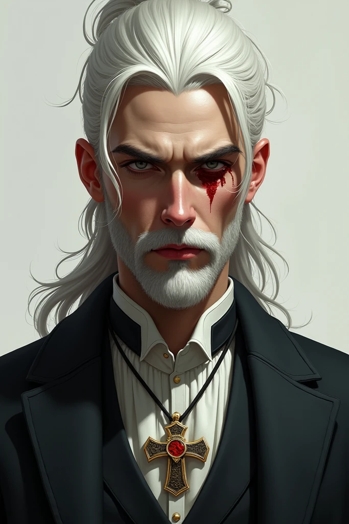 a drawing，A man looks at the camera，With a serious expression on his face，A handsome man's face was revealed in the middle of countless roses，Eyebrows are clear，There was a cold look in his melancholy eyes，There are teardrops in the corners of the eyes，Delicate skin，With a beard，Large ears，hair messy，The face has a faint blush，The lips are slightly open and bloody，Holding a black rose in his hand，Expose the chest，Blood stains on fingernails，The atmosphere is mysterious，The face is clear，Full of detail，localized light，Aperture dispersion，Oil painting feeling，Advertising hard photo style，High contrast between light and dark，Magazine cover design。
