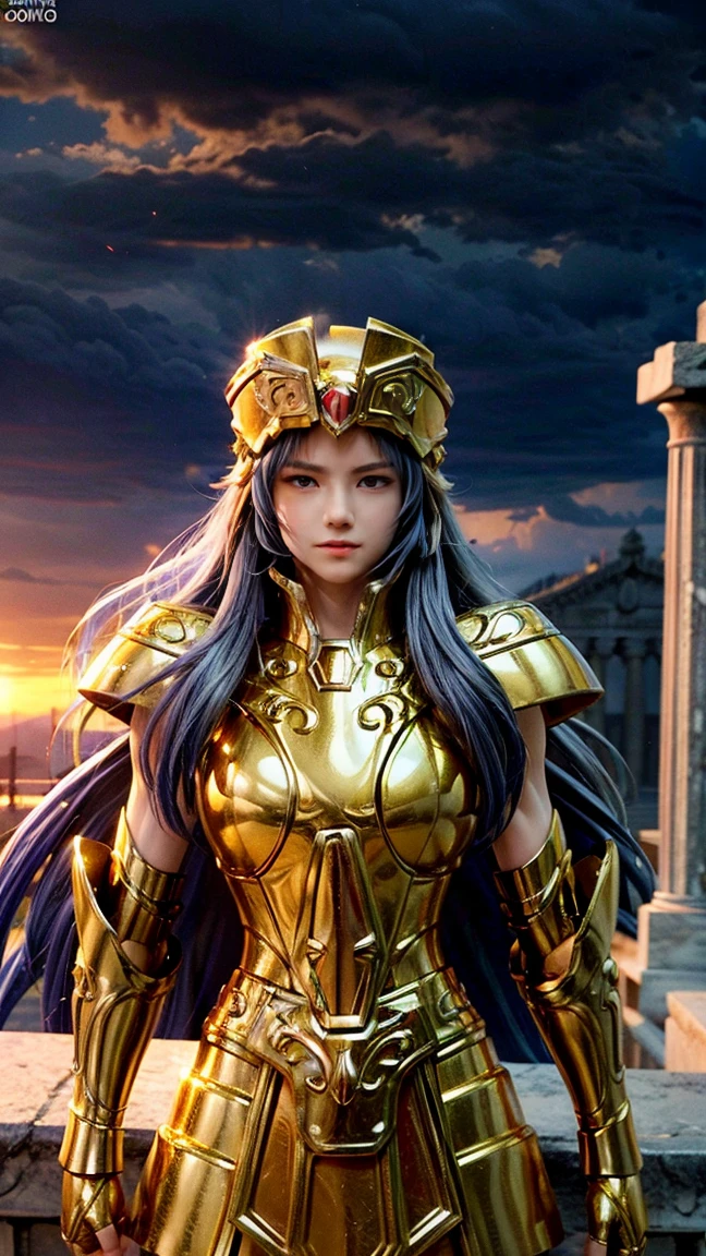 offcial art,统一 8k 壁纸,ultra - detailed,Beauty and aesthetics,high high quality,Valkyrie,tmasterpiece,Best quality at best,(zentangle,datura,Tangles,entangled:0.6),Greek temple,Large breasts,Purple colored hair,Heavy golden armor,Holding a shield,complex patterns,magia