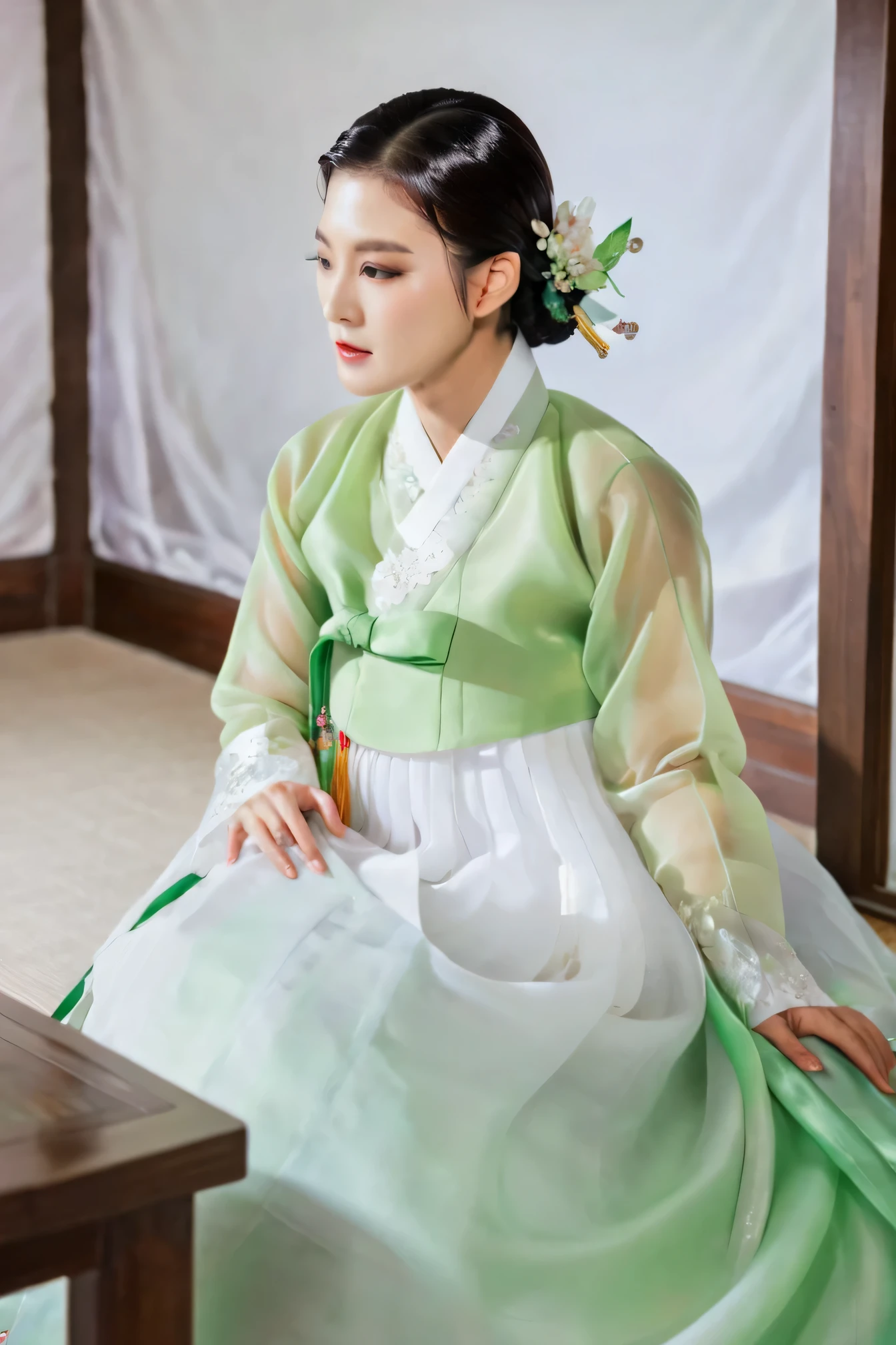 A Korean man in women's hanbok, hi is crossdresser, His face and hairstyle are very masculine, silk, Mother of the Bride hanbok Dress Outfit, breasts like a woman, white green, slender female body, sexy see-through jacket, satin, little side view, sit quietly