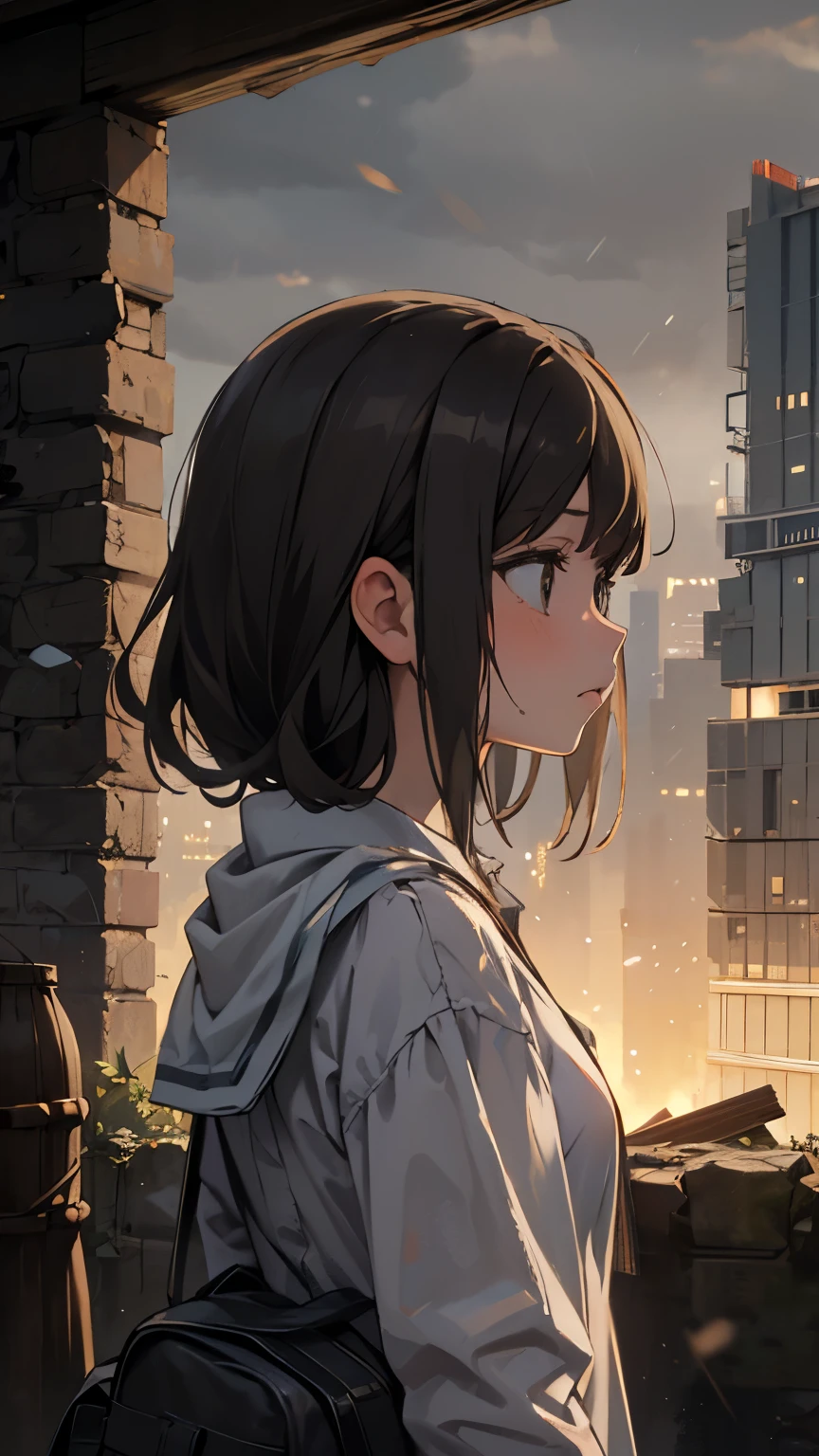 (8K、highest quality、masterpiece:1.2)、Super detailed、super resolution、realistic、1 girl,Inside a dilapidated building,,profile,rain,Sad face,Low - Angle,collapsed cityscape,back view
