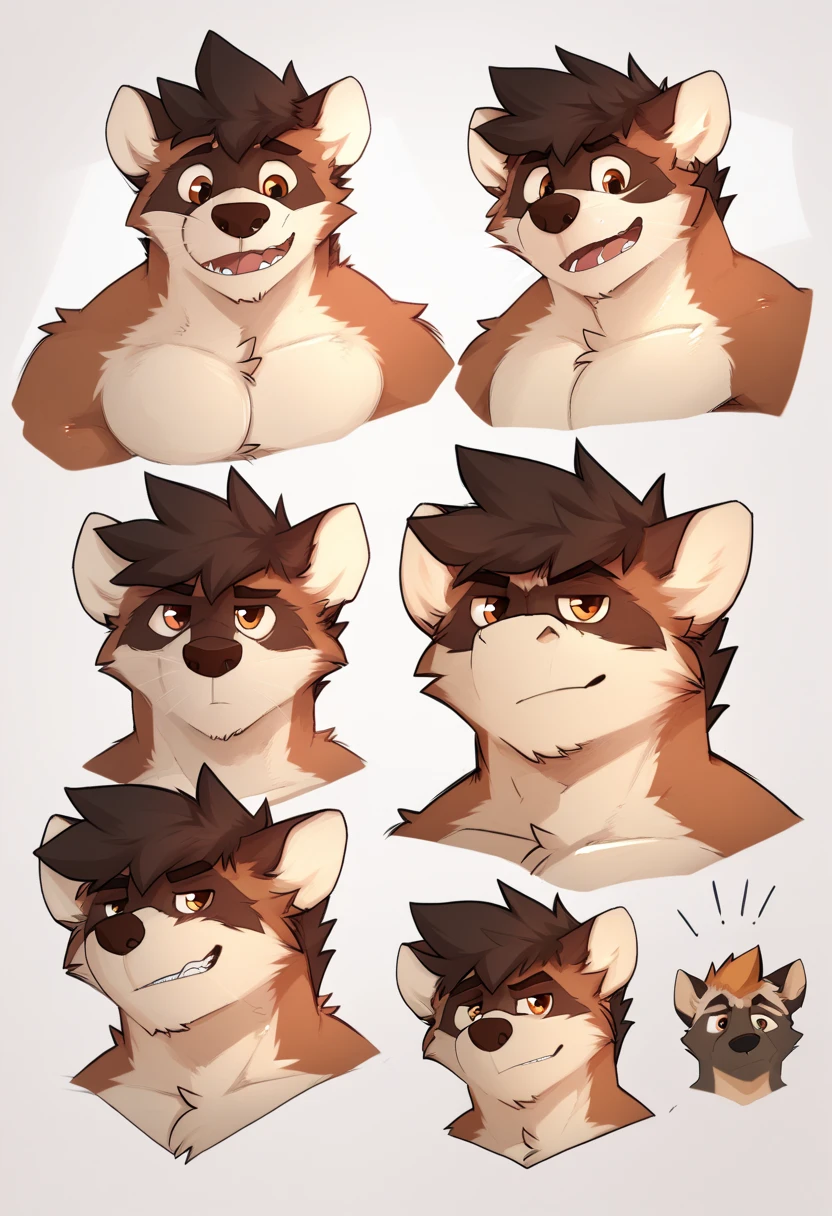 lobo,  Body, hands,  pectorals defined, eyes verdes, eyes ,  short hair,  brown fur  , ((Expressions of practice)), por pache riggs