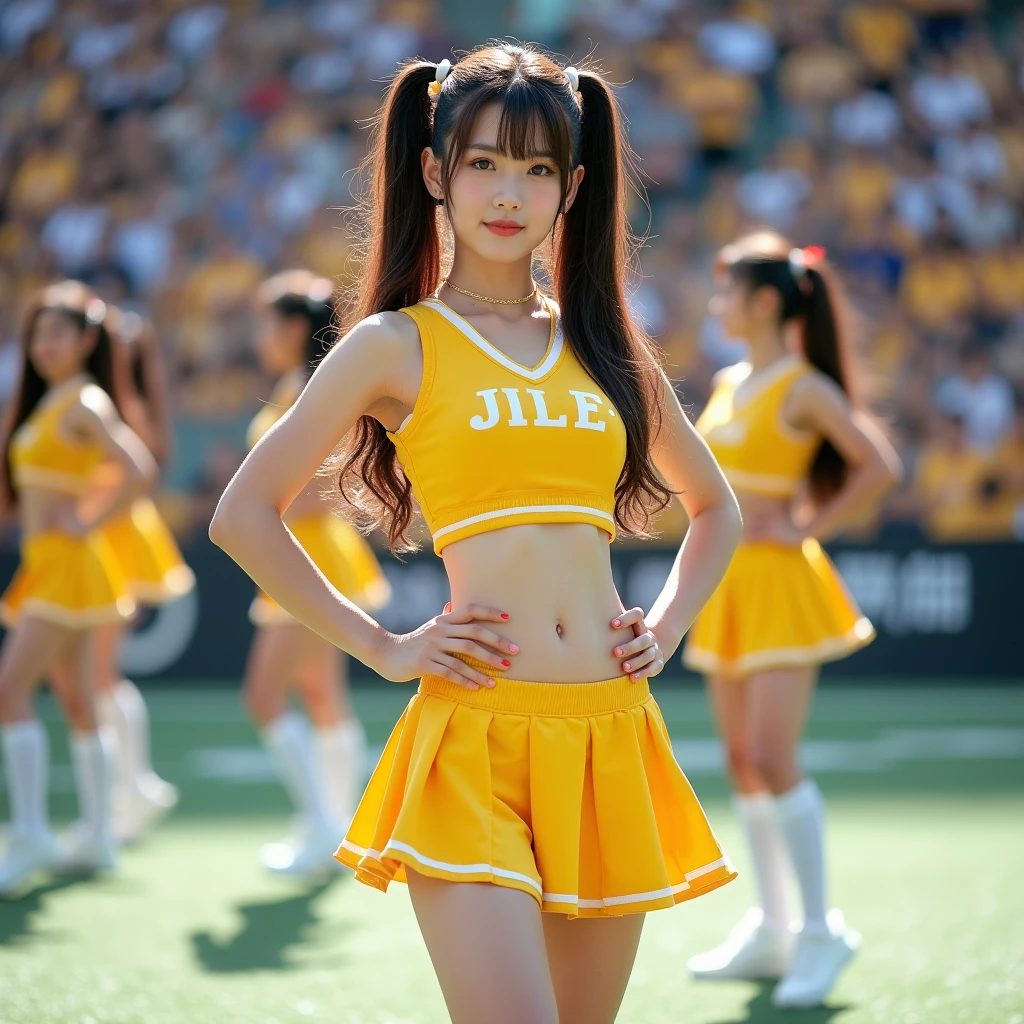 (Best-quality, Masterpiece, Ultra-High-Resolution, (Photorealistic:1.4), Raw Photo, depth of field, professional lighting, perfect ???????, extremely details), 1girl, the most famous Japanese idol, (yellow cheerleading-sleeveless-long-shirt, yellow cheerleading-pleated-skirt, white cheerleading-panties), upturned ???, ((extremely cute face, ((extremely cute big-eyes)), extremely cute hair), ((extremely beautiful and extremely realistic skins))), extremely beautiful legs, dynamic pose, looking at viewer, innocent smile, ((detailed yellow-cheerleading-sleeveless-long-shirt):1.2), ((detailed yellow-cheerleading-pleated-skirt):1.2), ((detailed white-cheerleading-panties-with-cute-design):1.33)
