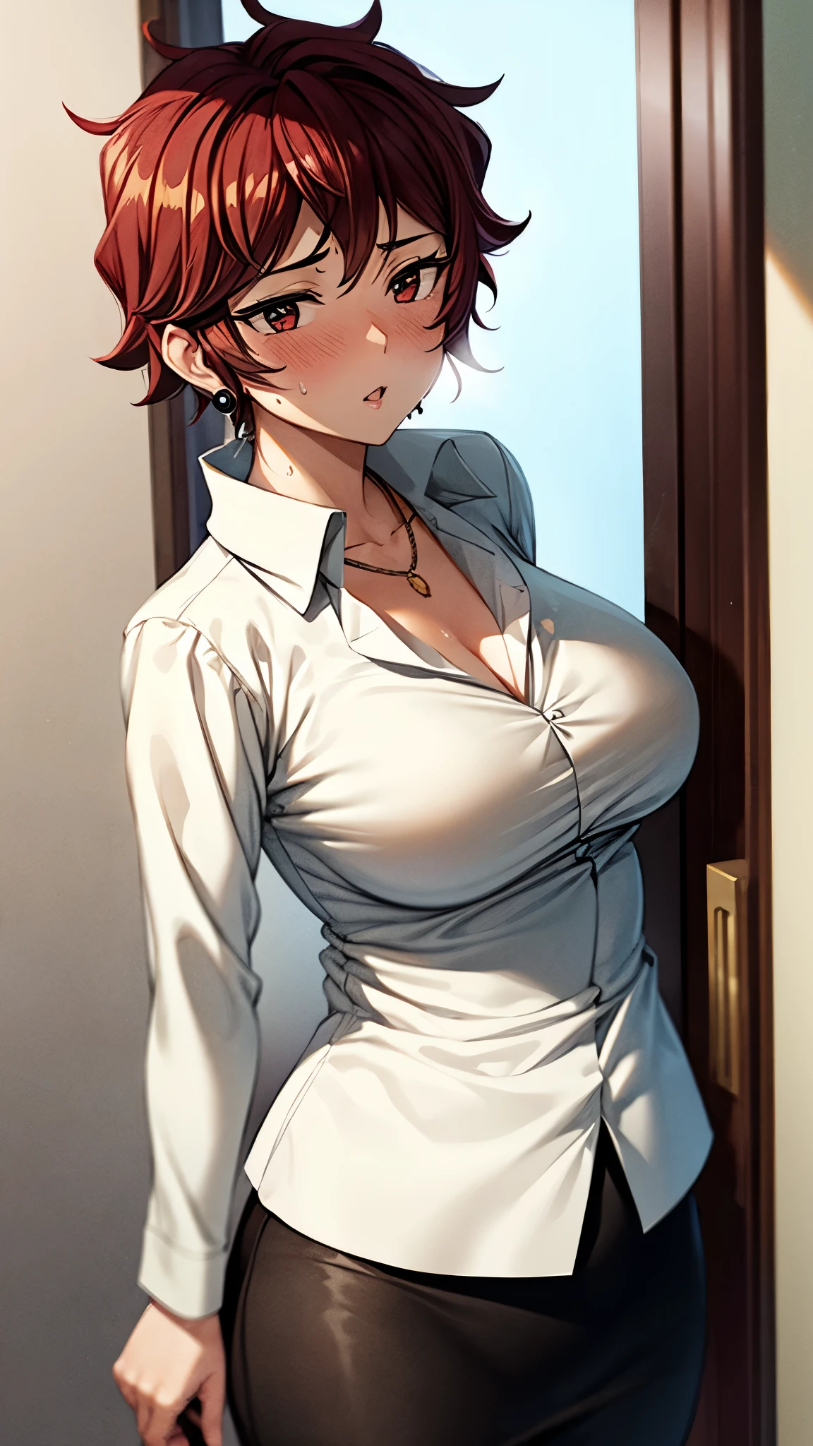 （ super quality, ultra high resolution,16k,super masterpiece,Ultra HD ,Detailed shading and background,）one sexy wife, looking at the camera,Short black hair,（A white shirt with a large collar spread wide and standing straight, wide open chest, black pencil skirt ,） earrings for a woman alone, Necklaces , Sweaty ,blush,Open thick lips slightly,Opening the Door,