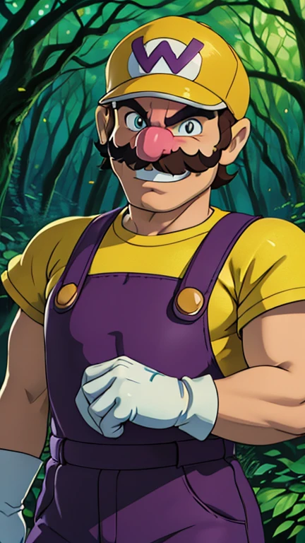 (1boy, wario), (extremely detailed CG unit 8k wallpaper),(master part), (best quality), (ultra detail), (best illustration),(ghibli style), cowboy shot, standing, facing viewer, looking at viewer, perfect face, perfect eyes, perfect fingers, (Sharp eyeliner, ombre, detailed eyes:1), digital art, Deep in the forest,Deep green forest,beautiful forest,Low light, break , upper body, solo, smile, (mustache, gloves, grin, facial hair, (yellow shirt), brown hair, purple overall, white gloves, hat with the letter "W" on it)