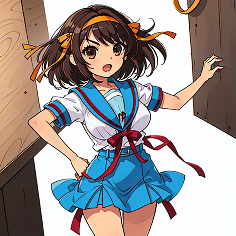 1girl, haruhisuzumiya, brown eyes, brown hair, medium hair, hair ribbon, hairband, kita high school uniform, serafuku, sailor collar, short sleeves, skirt, suzumiya haruhi, haruhisky v3 , medium breasts