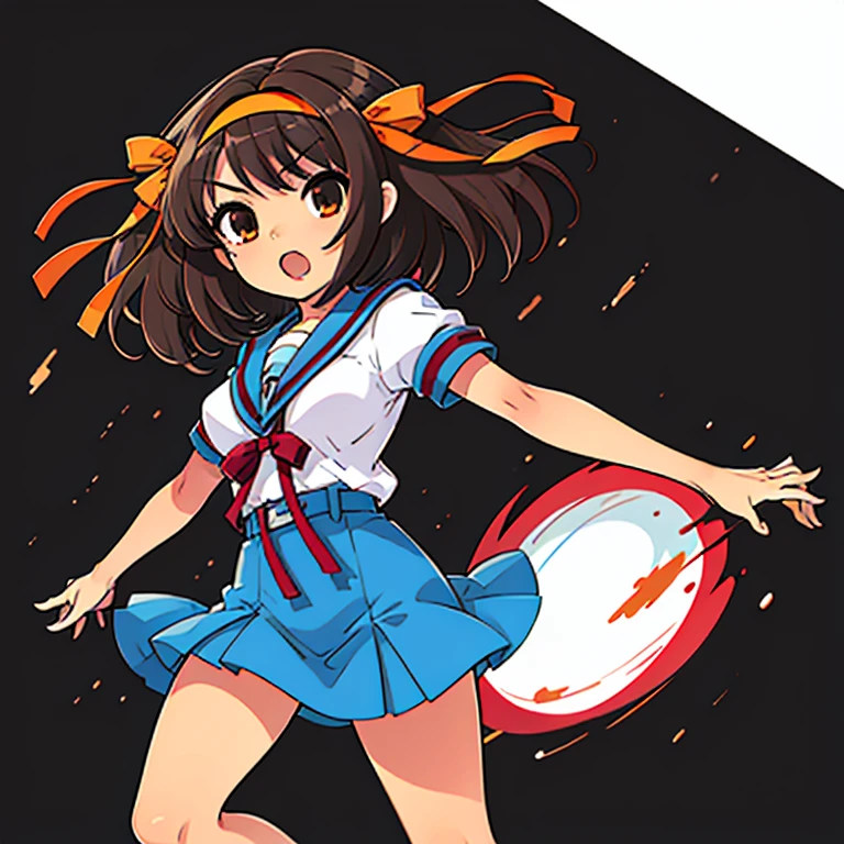 1girl, haruhisuzumiya, brown eyes, brown hair, medium hair, hair ribbon, hairband, kita high school uniform, serafuku, sailor collar, short sleeves, skirt, suzumiya haruhi, haruhisky v3 , medium breasts