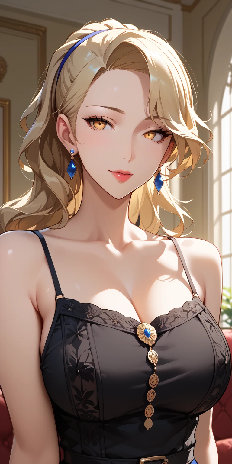 Score_9, Score_8_up, Score_7_up, Source_anime, anime art, anime style, masterpiece, best quality, very aesthetic, 1girl, elegant mature woman, milf, curvaceous, black camisole, large breasts, saggy breasts, seductive face, upper body, home, margaretp4, blonde hair, long hair, yellow eyes, headband