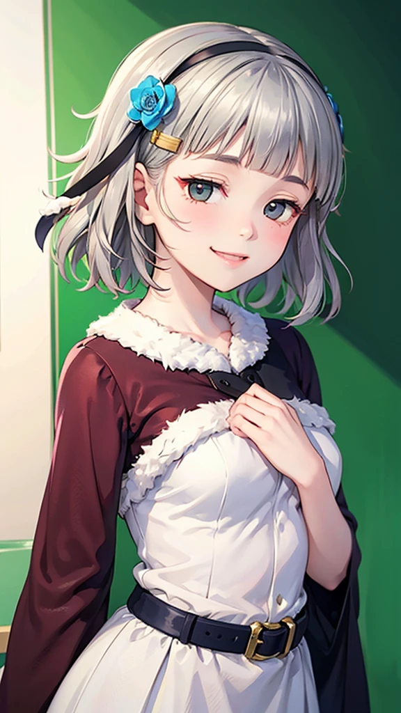 (((solo))), 1 woman, Sakuya Kurobane, sakuyaunif, kurobane_sakuya, short hair, grey hair, black hairband, blue hair flower, brown eyes, red eyeliner, chest, blush, smile, (upper body), santa claus