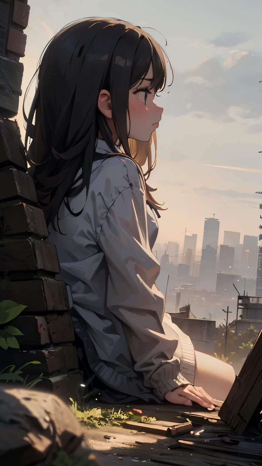 (8K、highest quality、masterpiece:1.2)、Super detailed、super resolution、realistic、1 girl,Inside a dilapidated building,,profile,rain,Sad face,Low - Angle,collapsed cityscape,back view