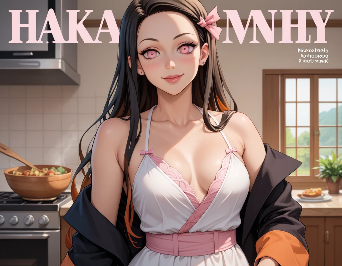 Front cover of a women's cooking magazine, text, diagrams, advertisements, magazine title,  NEZUKO KAMADO FROM DEMON SLAYER ANIME,PINK EYES,MODEL POSE,ANIME STYLE ART, Anatomically correct, Beautiful face, Perfect face, Highly detailed beautiful face and eyes, Attractive face, Detailed face, Delicate facial features, Detailed skin, SMALL breasts, Sensual, Elegant, Glamor, Bitch, Slut, Whore, Voluptuous, Seductive, Glamor, Love handle, SLIM BODY, 