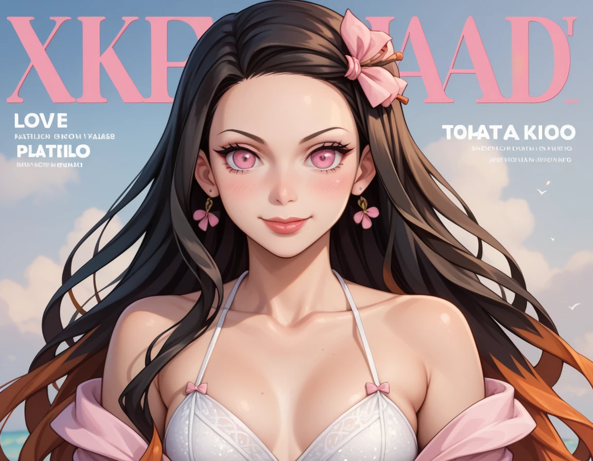 Front cover of a women's cooking magazine, text, diagrams, advertisements, magazine title,  NEZUKO KAMADO FROM DEMON SLAYER ANIME,PINK EYES,MODEL POSE,ANIME STYLE ART, Anatomically correct, Beautiful face, Perfect face, Highly detailed beautiful face and eyes, Attractive face, Detailed face, Delicate facial features, Detailed skin, SMALL breasts, Sensual, Elegant, Glamor, Bitch, Slut, Whore, Voluptuous, Seductive, Glamor, Love handle, SLIM BODY, 