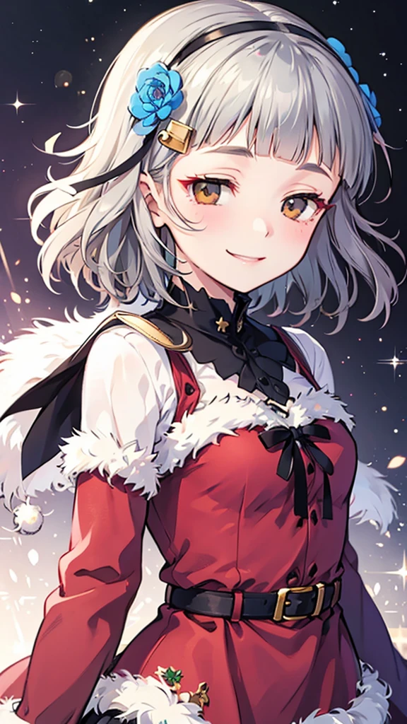 (((solo))), 1 woman, Sakuya Kurobane, sakuyaunif, kurobane_sakuya, short hair, grey hair, black hairband, blue hair flower, brown eyes, red eyeliner, chest, blush, smile, (upper body), santa claus