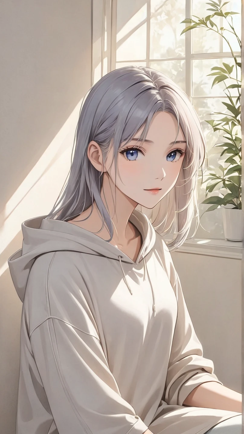 A calm and introspective young woman with short, slightly tousled light gray hair that has a faint bluish tint. Her hairstyle is sleek yet casual, with soft layers that frame her face and add a boyish, androgynous charm. She has a serene expression with a subtle, gentle smile, exuding an ethereal and mysterious atmosphere. Her outfit is minimalist and casual, incorporating modern streetwear elements, such as an oversized hoodie or a plain t-shirt with relaxed-fit pants in neutral colors. The scene is softly lit with natural light, creating a tranquil and dreamy mood that emphasizes her quiet yet captivating presence.