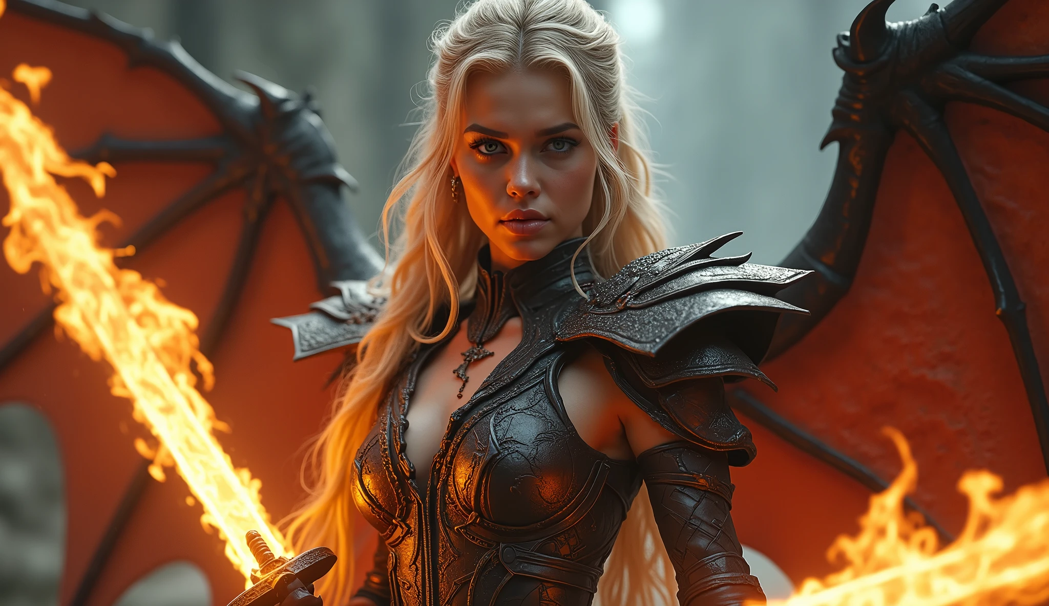 dark fantasy, dramatic lighting, full body shot, wide angle,dynamic angle, deep shadows, a female vampire and her thrall, extremely detailed skin, perfect blond wavy hair, (A female vampire and her thrall, she is using her paranormal powers to shift blood in the atmosphere, making the blood translocate around the environment), (the female vampire is trying to reach her thrall's neck with her hand, absorbing the thrall's blood from afar), hemokinesis, (there are lots of blood strings floating around the environment), she is wearing a very intricate biological exoskeleton, (the female vampire's lower body is vanishing, becoming black mist), the scene unfolds in a dungeon dimly illuminated by a red glow, red energy lines, pale blue and olive hues, mystical energy, moody atmosphere, cinematic composition, Yoshitaka Amano style
