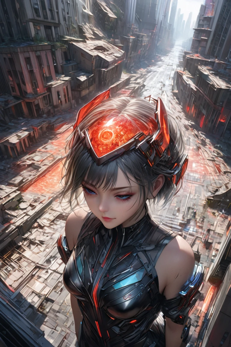 (masterpiece), 1 mecha girl, intricate mechanical design, cybernetic details, perfect anatomy, realistic oil painting, epic scene, (highly detailed), masterpiece, photorealistic, cinematic lighting, shading, super detailed metallic parts, (red glowing eyes), beautiful detailed eyes, best quality, ultra-detailed, (illustration), ultra-detailed, from above, dystopian cityscape, crumbling modern buildings, shattered glass, broken roads, overgrown vegetation reclaiming the city, indie aesthetic, (futuristic yet ruined skyline), (collapsed skyscrapers and debris background), confident smirk, dynamic pose, slow motion, vibrant colour, shadow, contrast, metallic reflections, atmospheric haze, perspective, depth, good anatomy, stunning details, (realistic_ultra_details)