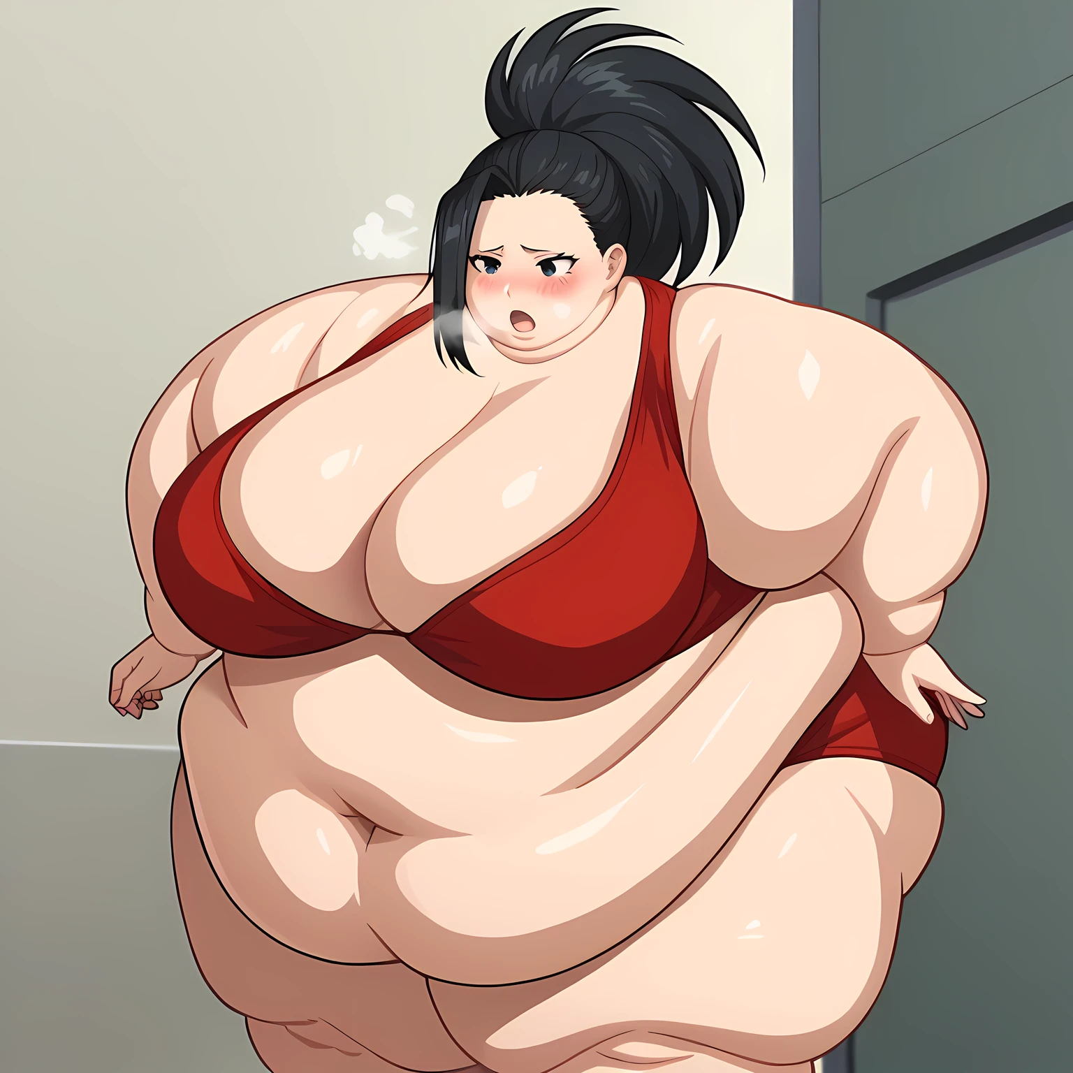 score_6_up, best quality, anime screencap, 1girl, solo, momo, long hair, bangs, black hair, ponytail, black eyes, high ponytail, wide ponytail,navel, cleavage, red bikini, big breasts, blush, standing  fat, chubby, obese, gigantic arms and legs, large breasts open mouth, out of breath