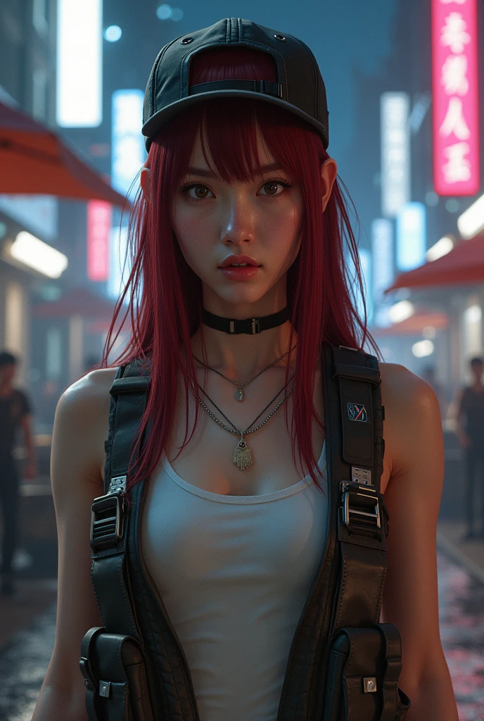 Cyberpunk, damged, robot, dead robot, wires, lose a part of her face in war, wires came out in the lose part of face, trashed, cyberpunk damged, trashed in a big garbge, red hair