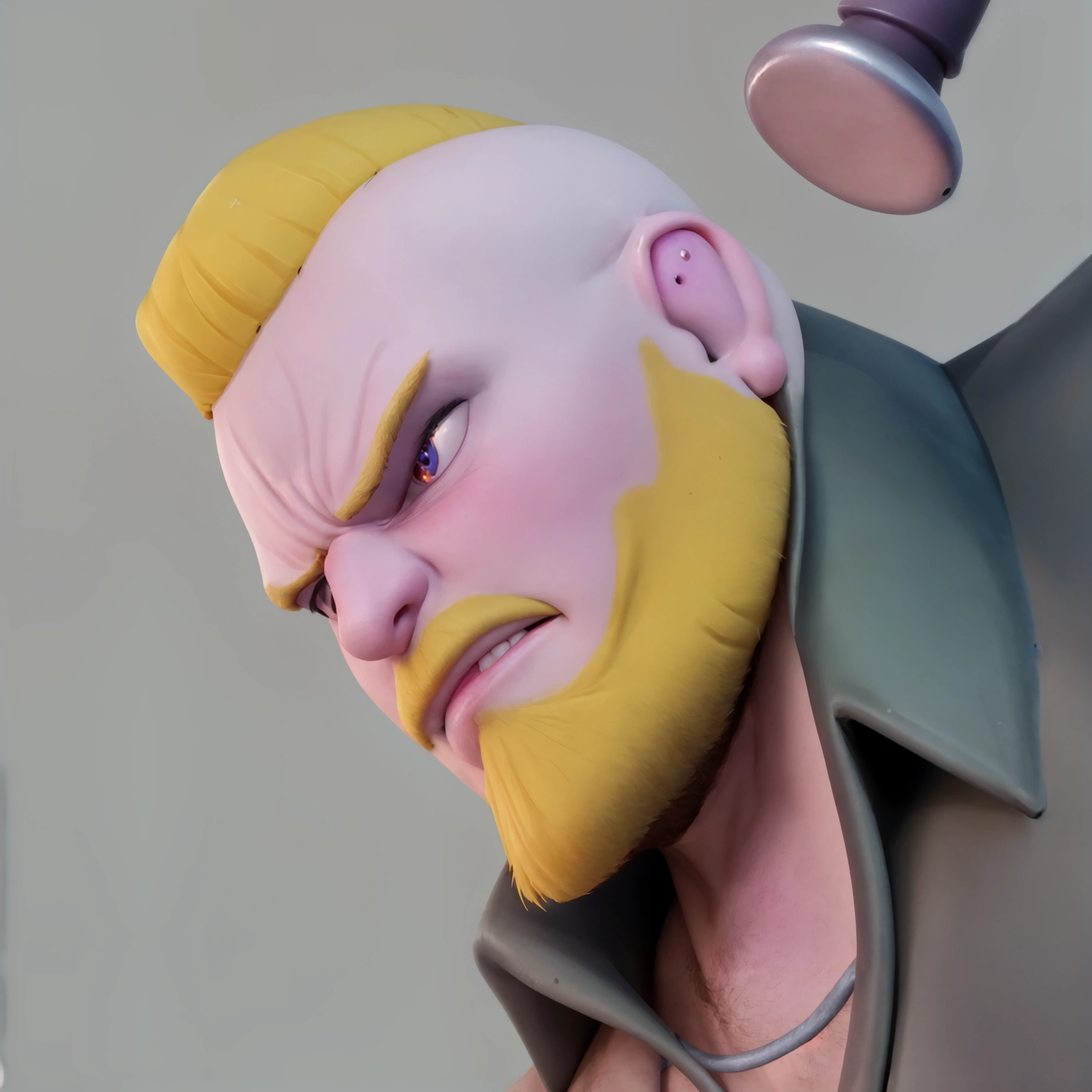  a close-up of a man's profile， tough facial contours ，Beard，There is hair in the middle of the head ， no hair on either side of the head ，Deep eye sockets， fierce and angry eyes ，Angry gnawing his teeth ， tall bridge of nose，grimace in pain，UE5 Rendering，3D Rendering，Cartoon Characters