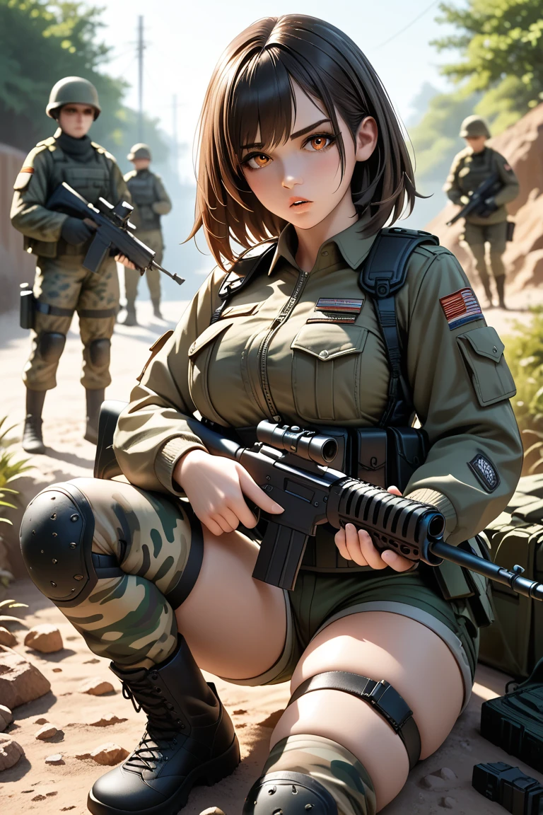 Beautiful female soldier in a green uniform holding a gun,tattered military gear, mechanized soldier girl, oversized mechanical exoskeleton arms and legs,girl in mecha armor,mechanized valkyrie girl,infantry girl,Barely Clothed, cammo patterns,(proportional face),(Neat face,detailed eyes),Beautiful Face,Volumetric Lighting,Reflections,Glossy,sitting with legs open,Full Body Shot,(complicated background),(Delicate images),(Photorealistic: 1.4),(Highly detailed),(high resolution),(Best quality),(masterpiece)