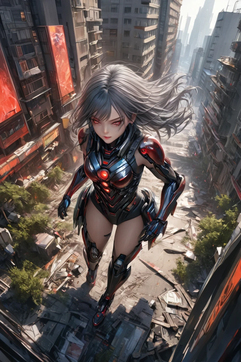 (masterpiece), 1 mecha girl, intricate mechanical design, cybernetic details, perfect anatomy, realistic oil painting, epic scene, (highly detailed), masterpiece, photorealistic, cinematic lighting, shading, super detailed metallic parts, (red glowing eyes), beautiful detailed eyes, best quality, ultra-detailed, (illustration), ultra-detailed, from above, dystopian cityscape, crumbling modern buildings, shattered glass, broken roads, overgrown vegetation reclaiming the city, indie aesthetic, (futuristic yet ruined skyline), (collapsed skyscrapers and debris background), confident smirk, dynamic pose, slow motion, vibrant colour, shadow, contrast, metallic reflections, atmospheric haze, perspective, depth, good anatomy, stunning details, (realistic_ultra_details)