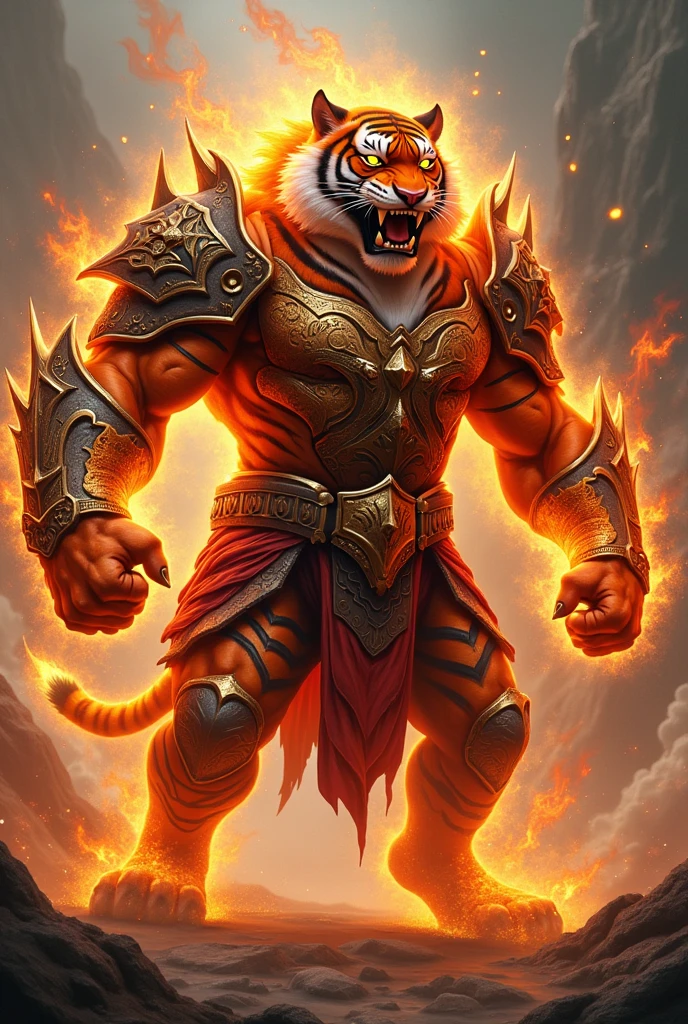 A fire elemental tiger wearing a brave suit is spreading its territory, the Heavenly Fire Domain is consuming the earth.a tiger man