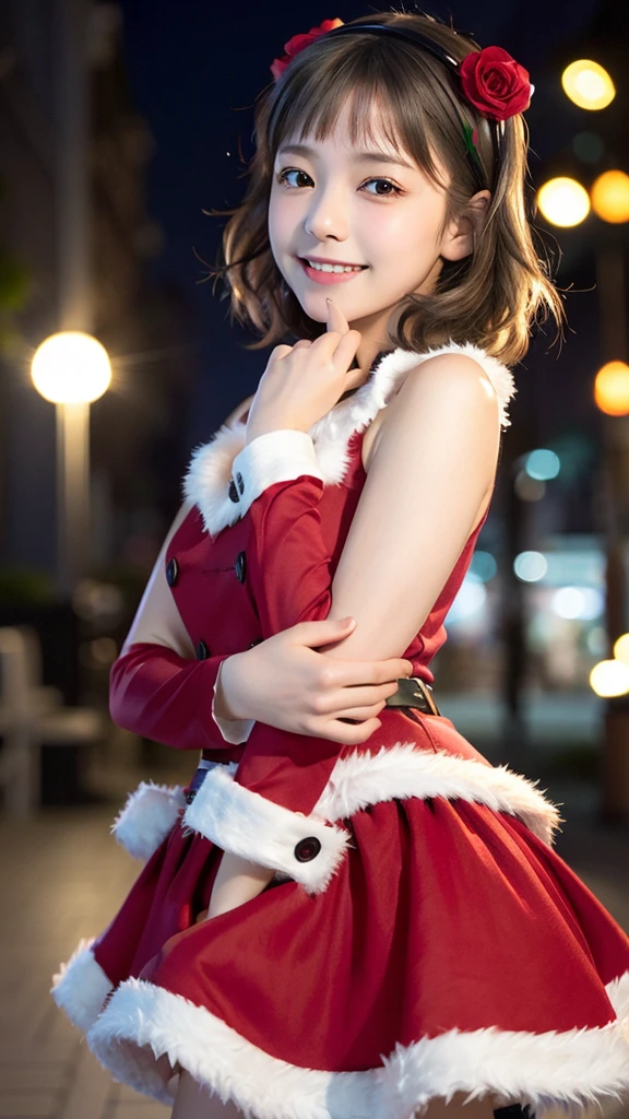 (((solo))), 1 woman, Sakuya Kurobane, sakuyaunif, kurobane_sakuya, short hair, grey hair, black hairband, blue hair flower, brown eyes, red eyeliner, chest, blush, smile, (upper body), santa claus