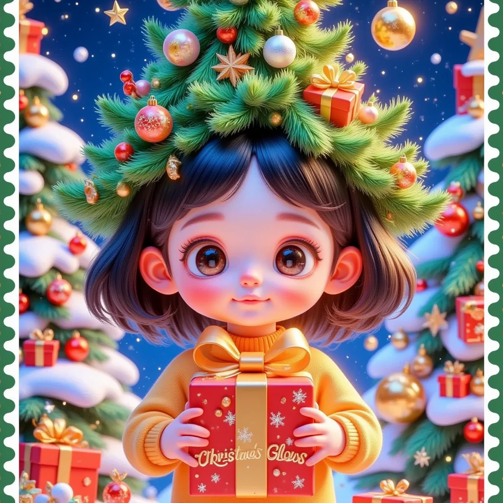 stamps：一个美丽的戴着Christmas tree帽子的女孩在圣诞信前拿着精美的礼物 ，(((The box says Christmas glows )))。 Hair is decorated with gifts +Christmas tree+Hut+Gingerbread Man+Bow。Short hair，  beautiful face， skin details ，Finding an audience，In a cozy room。Official illustrations，cute，interesting