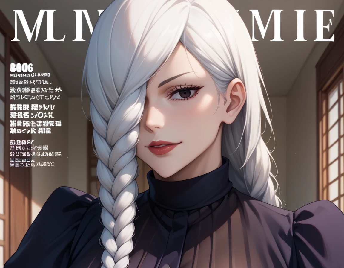 Front cover of a women's cooking magazine, text, diagrams, advertisements, magazine title,  MEI MEI FROM JUJUTSU KAISEN ANIME,BLACK EYES,WHITE HAIR,hair over one eye, A long braid hangs down from my forehead, ,,MODEL POSE,ANIME STYLE ART, Anatomically correct, Beautiful face, Perfect face, Highly detailed beautiful face and eyes, Attractive face, Detailed face, Delicate facial features, Detailed skin, SMALL breasts, Sensual, Elegant, Glamor, Bitch, Slut, Whore, Voluptuous, Seductive, Glamor, Love handle, SLIM BODY, 