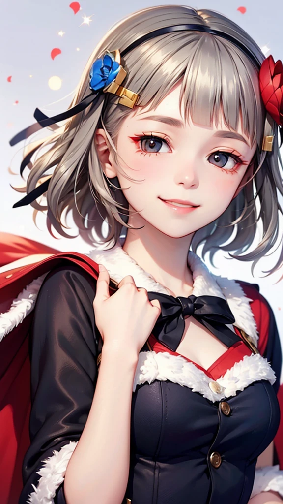 (((solo))), 1 woman, Sakuya Kurobane, sakuyaunif, kurobane_sakuya, short hair, grey hair, black hairband, blue hair flower, brown eyes, red eyeliner, chest, blush, smile, (upper body), santa claus