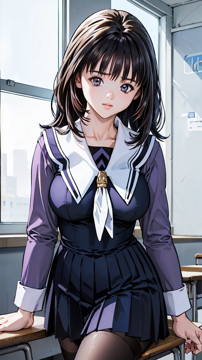 (8k、 best quality、masterpiece:1.2)、(Realistic、 super detailed、  ultra high resolution、 beautiful detailed face , perfect body for a lawn,( one girl who is at ease,  Long Black Hair ),( school uniform, sailor suit ,[Purple Shirt,navy skirt,White Thailand), clevis,(classroom,Big Breasts)