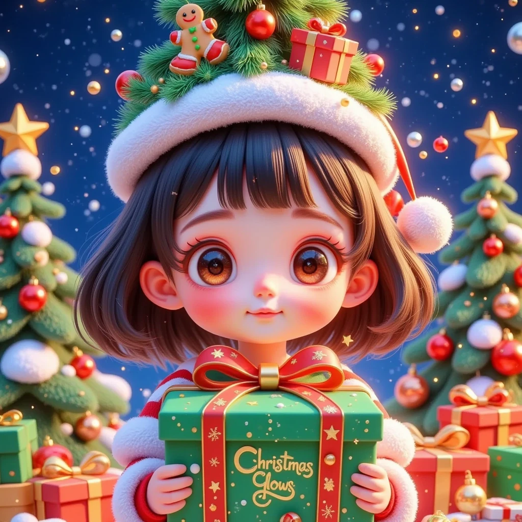 stamps：一个美丽的戴着Christmas tree帽子的女孩在圣诞信前拿着精美的礼物 ，(((The box says Christmas glows )))。 Hair is decorated with gifts +Christmas tree+Hut+Gingerbread Man+Bow。Short hair，  beautiful face， skin details ，Finding an audience，In a cozy room。Official illustrations，cute，interesting