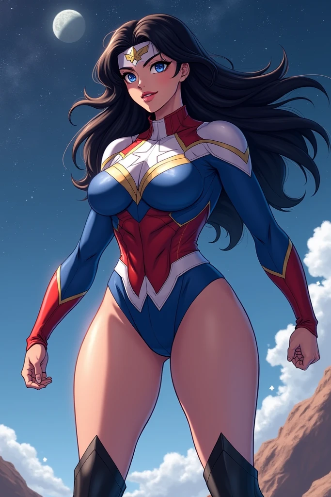 "Superheroine with a stunning appearance, wearing a sleek leotard that accentuates her figure. Her bare legs add a touch of elegance, while boots and gloves give her a powerful and stylish look. She is seen in mid-air, displaying her incredible flying abilities."