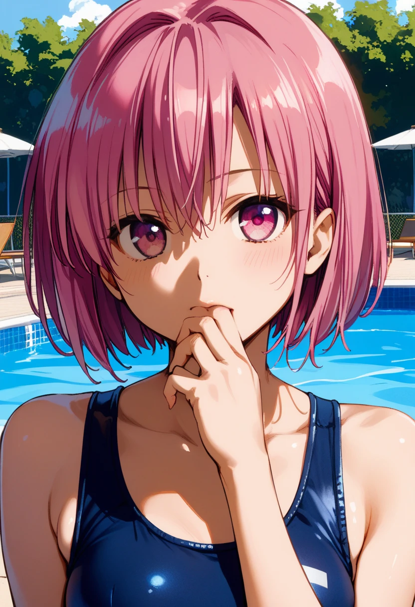 masterpiece, best quality, Yabuki Sentaro , To Loveる,  score_9,  score_8_up,  score_7_up BREAK momo velia deviluke,  pink eyes, Pink Hair,  Short Hair , medium breast,  school swimsuit,  viewers, Pool、 smiles lightly, upper body, masterpiece,  best quality,  Very Refined,  absurd, Straight,(covering own mouth)