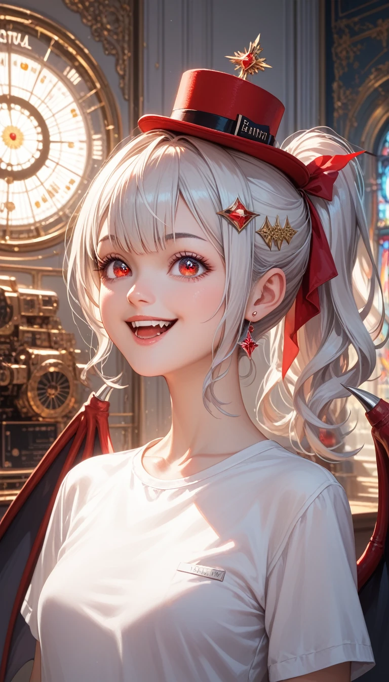  high res, masterpiece, top quality,  super detailed, ( careful eyes), ( detailed facial ), 1 Girl,illustration, White hair, Red Eyes, Highest detail,  Flat Breasts,  Backlight, (Central:1.4), Light,  High Contrast,  colorful ,room_Idol, ( ponytail:1.2),( happy :1.2), and watch the audience, upper body,( White Shirt :1.3),(Little hat with bat wings),(Hairpin:1.2)