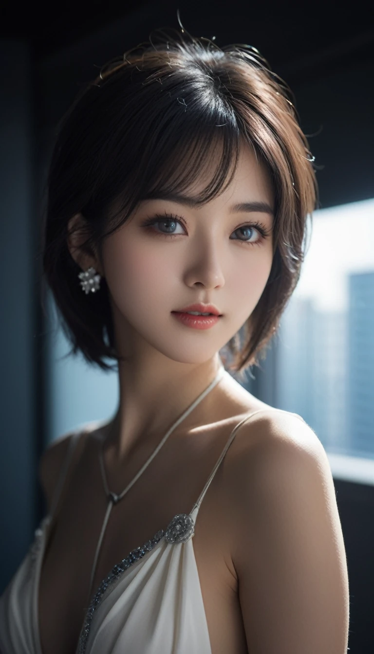 skin tight white top:1.2, looking at the viewer, cinematic lighting, perfection, soft light, high resolution skins:1.2, realistic skin texture, 30 year old mature woman、small face、no makeup、off shoulder,bust B cup、 exposed cleavage, blue eyes, short hair, dark brown hair、full body shot、gray background、