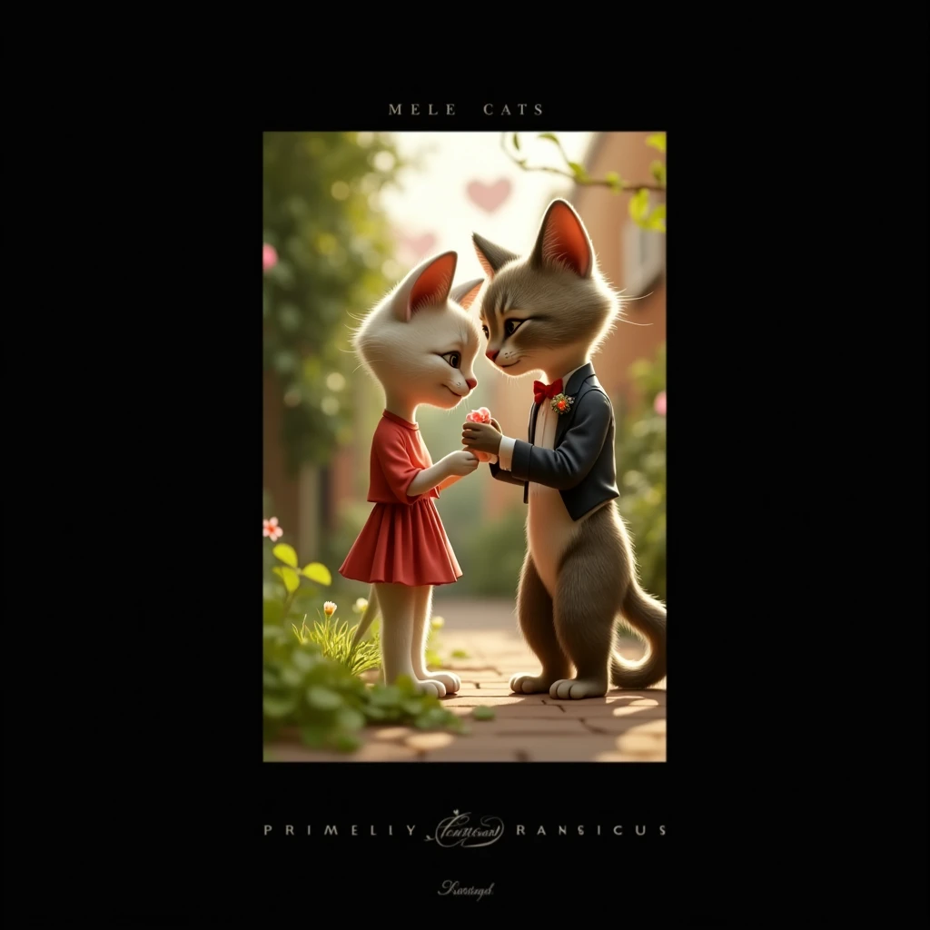Two cute, gay, cartoony, male furries, looking at eachother in a dimly lit room, both a bit muscular, both blushing, and one smiling, his eyes looking at the other's calmly. some light shining through a window showing a sunset and a medow of red roses [furry] [cartoony] [wholesome]