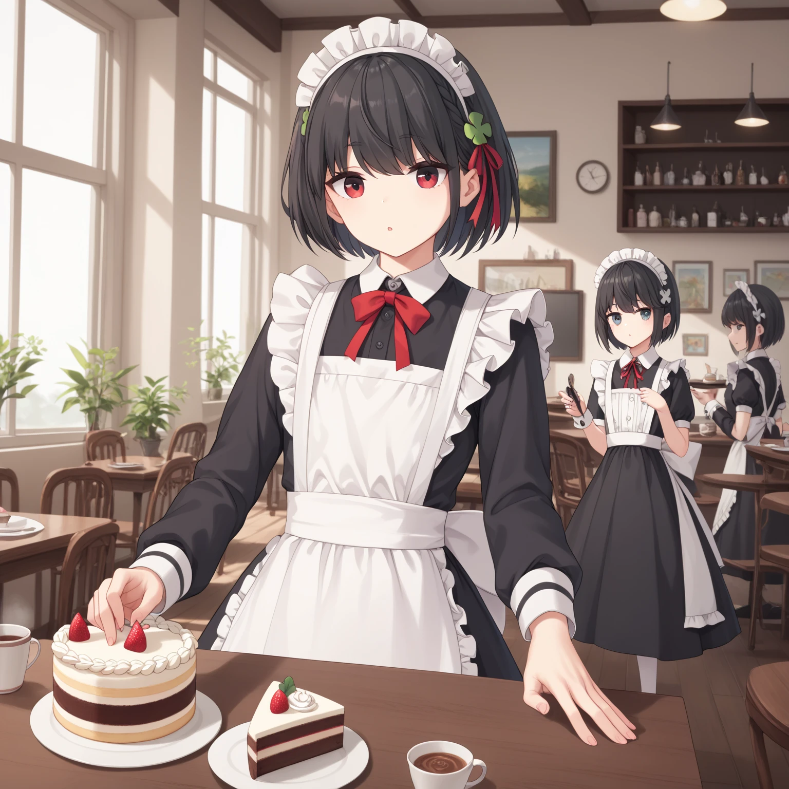  (8k), (  very detailed), (   best illustration   ), Cafe。   maid outfit 。. flat chested。 Short Hair 。  big red ribbon barrette。Four leaf clover in hair 。adult。 black hair。Shima Rin,Bring me a cake 。Four leaf clover in hair。 Short Hair 。