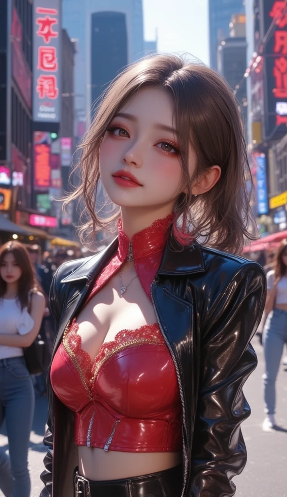 masterpiece of professional Analog photo, realistic and photorealistic with touch of rawness, (a close-up portrait of a woman wearing thongs on a city street), Dusk violet Sky, intricate lighting effects with light particles, (many colorful lights dazzling bokeh), Traffic lights, a crowd of fashionable street girls in the background, { Childish | Gigantic Cleavage }, (((NOGIZAKA))) Extremely Detailed very KAWAII face variation, perfect anatomy, captivating gaze, elaborate detailed Eyes with (sparkling highlights:1.2), long eyelashes、Glossy RED Lips with beautiful details, Coquettish tongue, Rosy cheeks . (Dynamic joyful expressions), { Ecstasy | :D | screaming | Perplexed }, Mystic sight . hair and eye color is same color, { Red leather high collar | Red ribbon }, from diagonally angle. short bob, Tiny Crown .